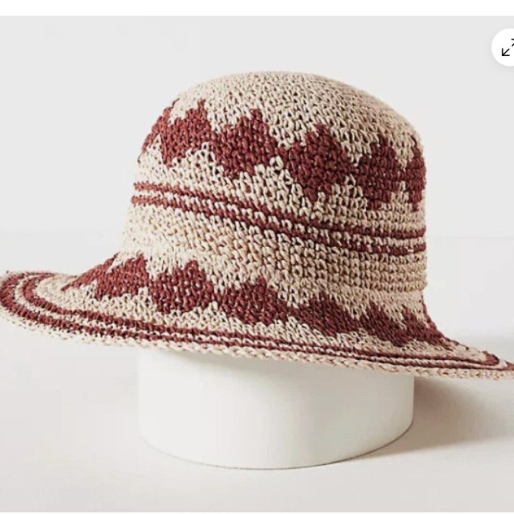 Printed Crochet Straw Bucket Sun Hat By Anthropologie Pink Combo EUC